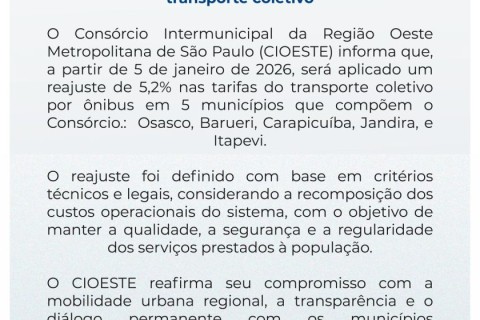 CIOESTE anuncia reajuste de tarifas do transporte coletivo